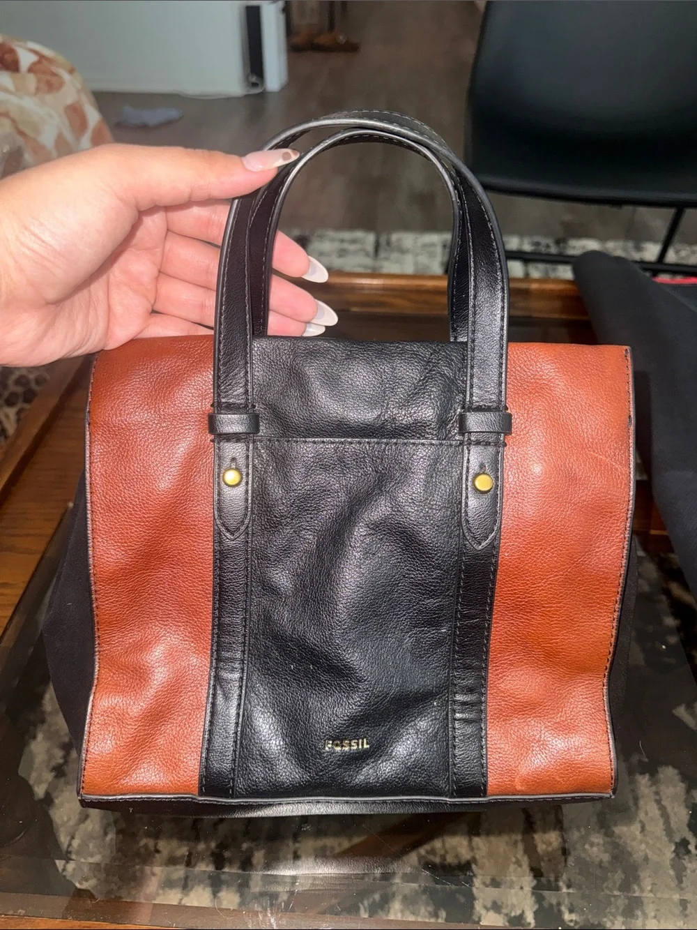 Fossil Black and Brown Leather Messenger Tote